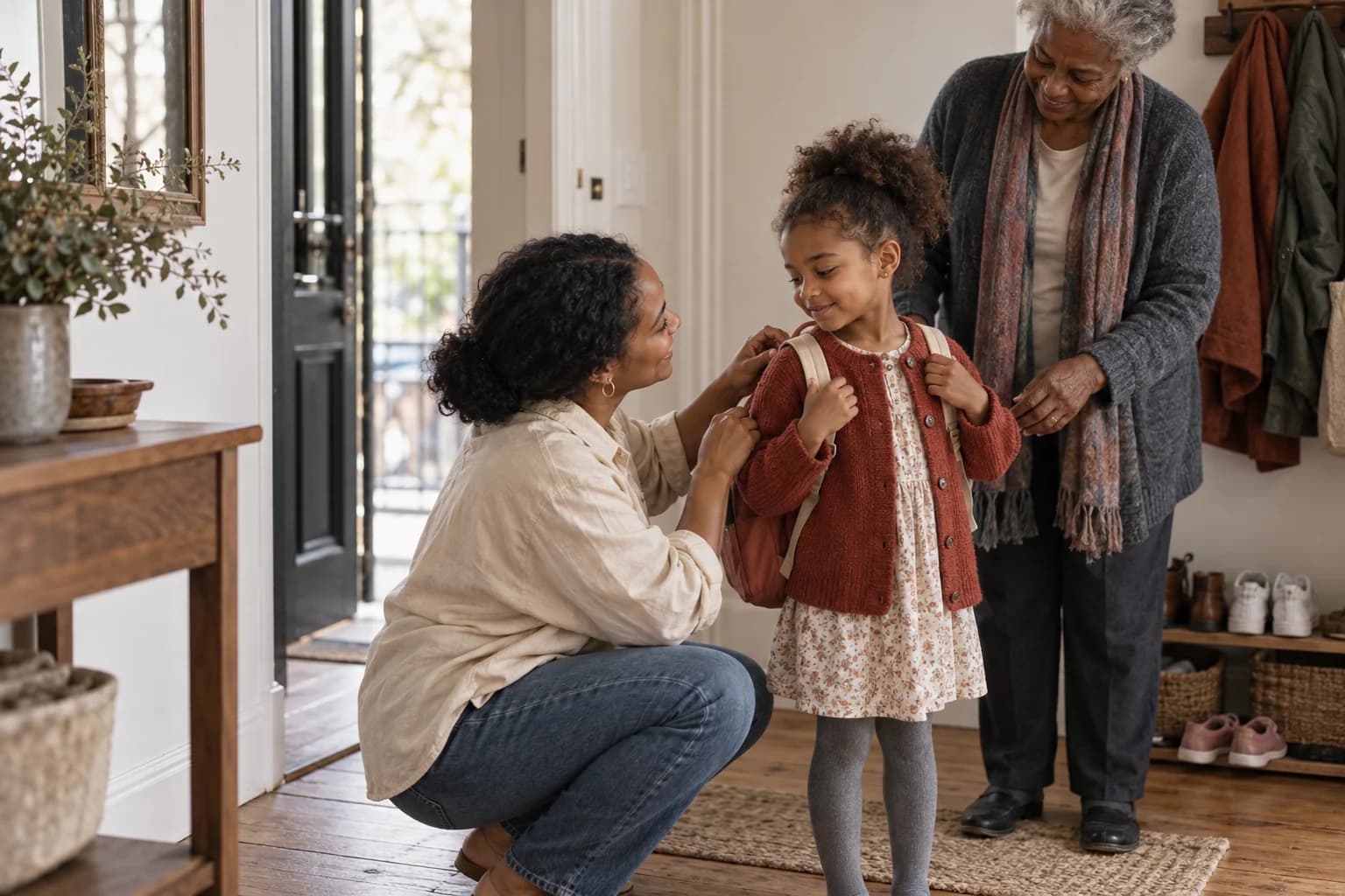 A parent and grandmother sharing care as a child gets ready