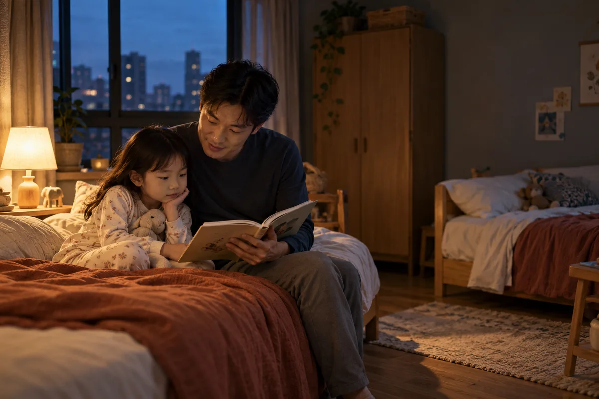 A father reading with a child in a shared bedroom