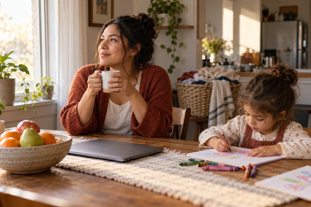 A caregiver taking a quiet pause while a child draws nearby