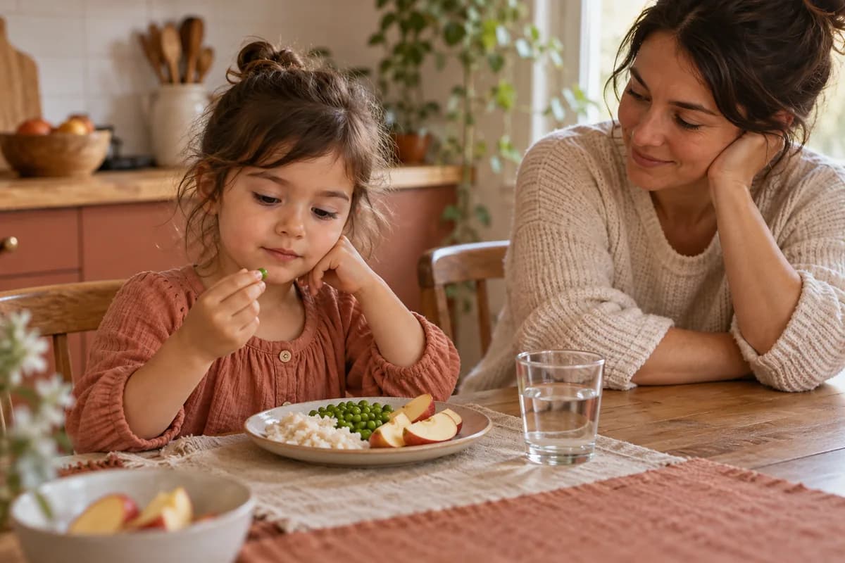 A parent sitting with a child eating rice, peas, and fruit at the kitchen table